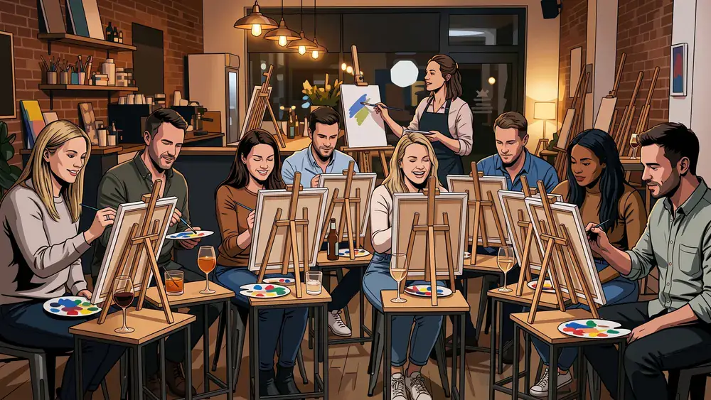 Painting Party in Dortmund – Kollegen malen an Staffeleien eigene Bilder mit Wein und Cocktails dazu