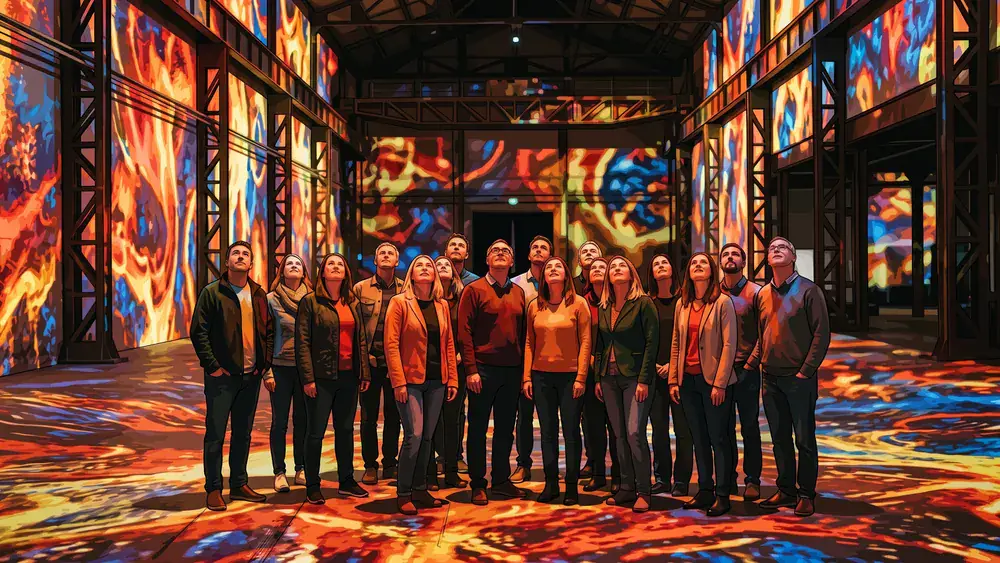 Phoenix des Lumières in Dortmund – Kollegen stehen in einer Halle mit digitalen Kunstprojektionen