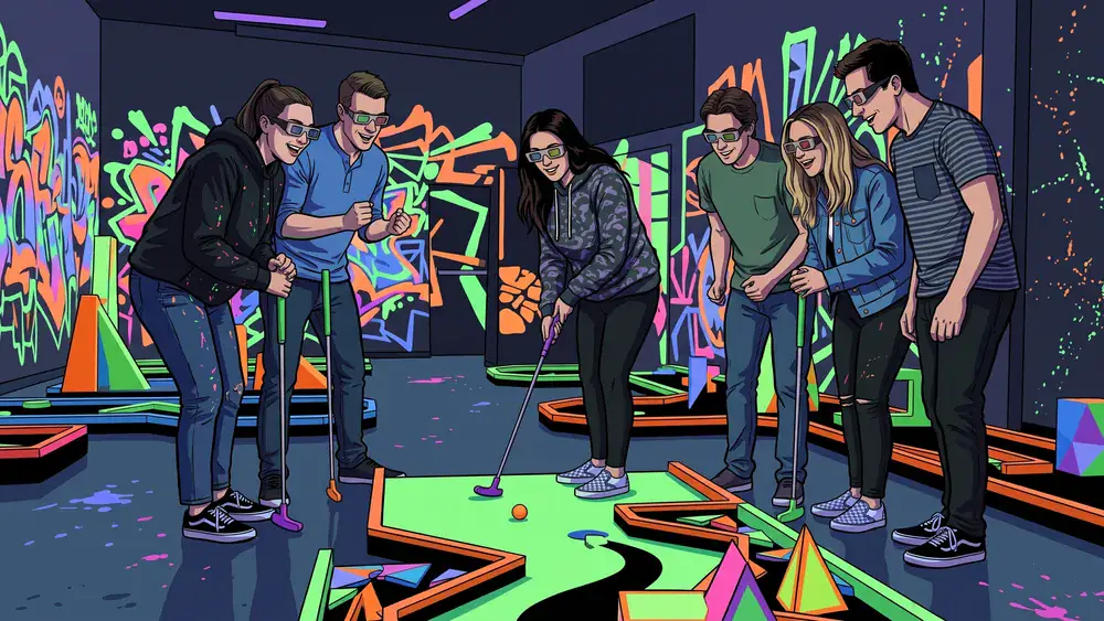 Schwarzlicht Minigolf in Dortmund – Kollegen spielen mit 3D-Brillen Minigolf in leuchtender Neonwelt