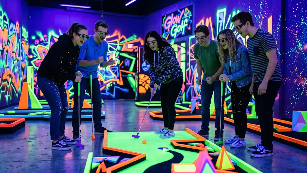 Schwarzlicht Minigolf in Dortmund – Kollegen spielen mit 3D-Brillen Minigolf in leuchtender Neonwelt