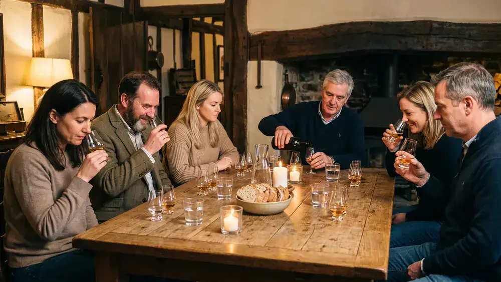 Whisky-Tasting in Dortmund – kleine Kollegenrunde verkostet an einem Tisch verschiedene Whiskys