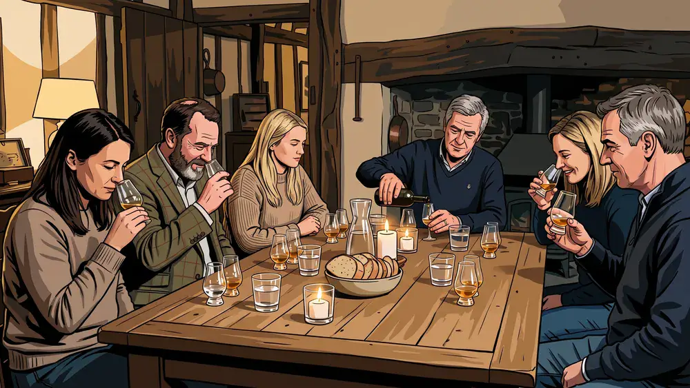 Whisky-Tasting in Dortmund – kleine Kollegenrunde verkostet an einem Tisch verschiedene Whiskys