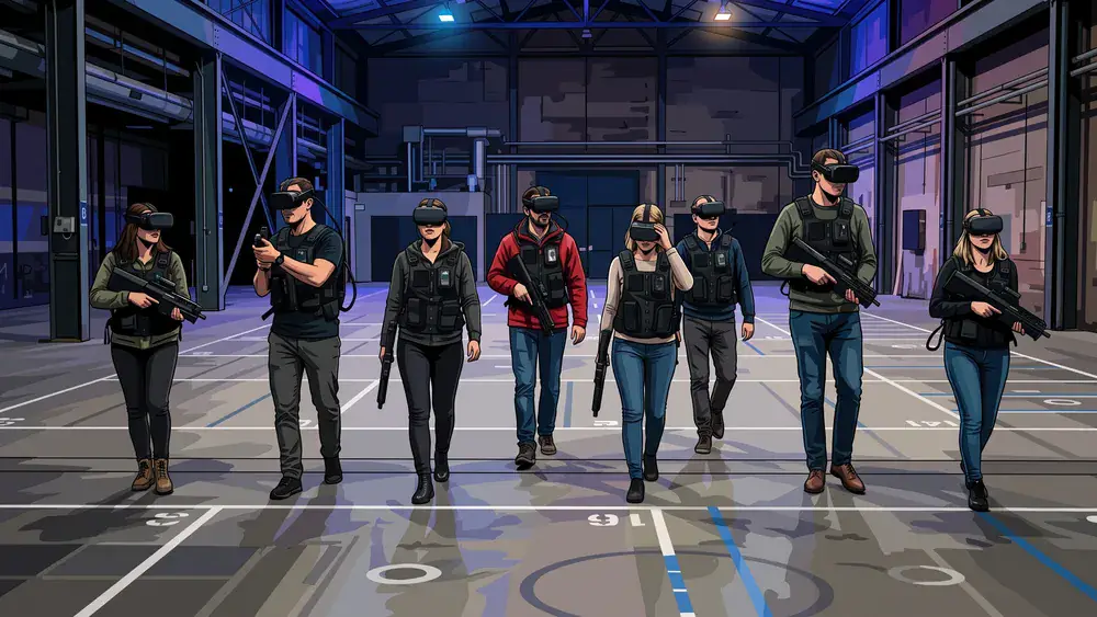 Zero Latency VR in Dortmund – Kollegen mit VR-Brillen und Westen laufen frei durch eine virtuelle Welt