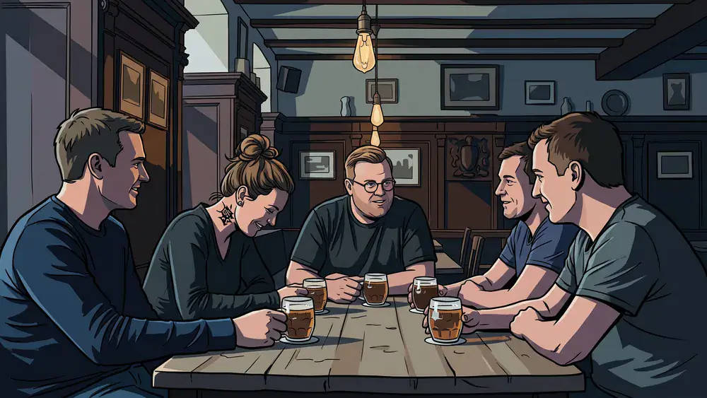 Brauhaus Uerige in Düsseldorf - Erwachsene trinken Altbier in einem traditionellen Brauhaus