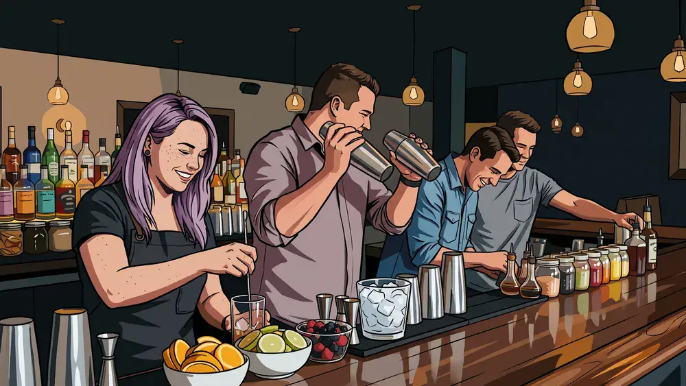 Cocktailkurs in Düsseldorf - Erwachsene mixen Cocktails an einer Bar unter Anleitung