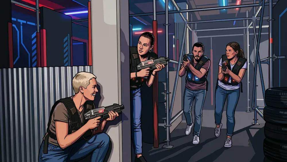 LaserTag Evolution Düsseldorf - Erwachsene in einer dunklen Arena mit Neonlichtern