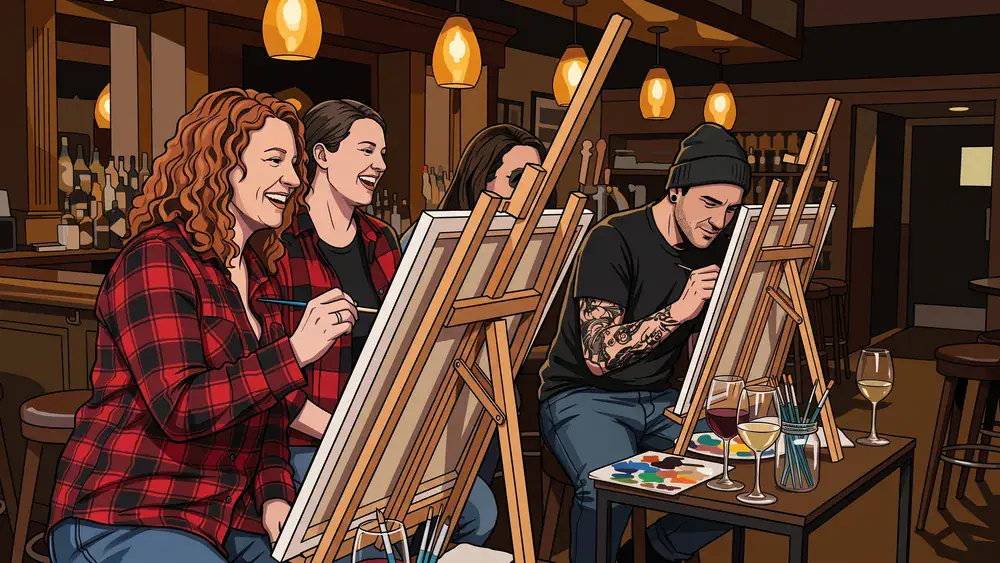 Painting Party in Düsseldorf - Erwachsene malen an Staffeleien mit Wein in gemütlicher Atmosphäre