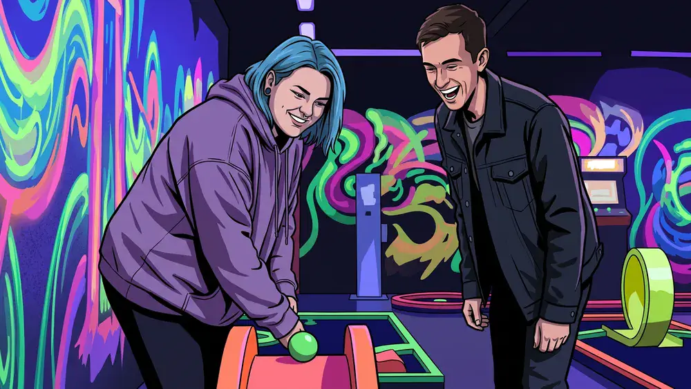 Schwarzlicht Minigolf in Düsseldorf - Erwachsene spielen Minigolf in leuchtender Neonwelt