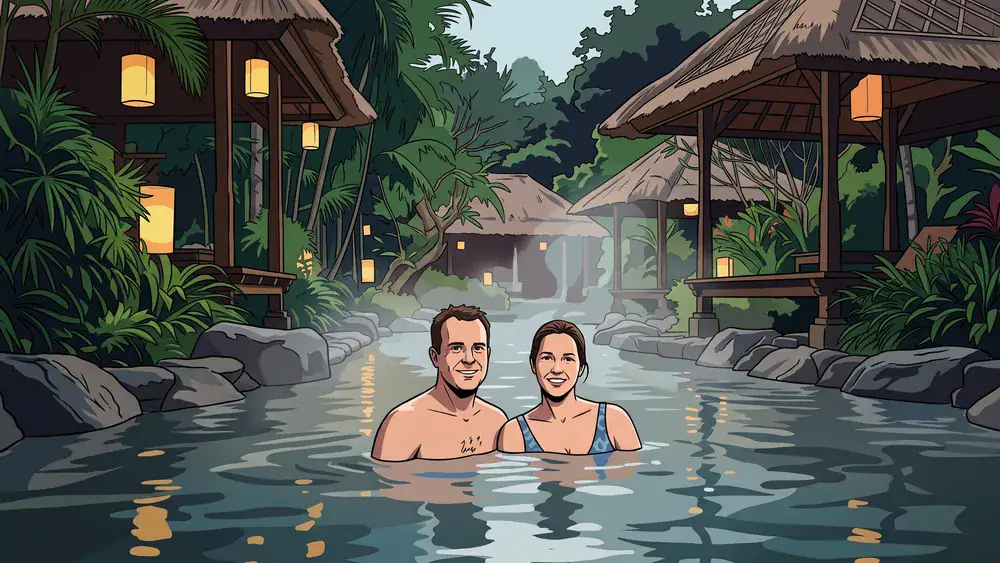 Vabali Spa in Düsseldorf - Erwachsene entspannen im warmen Becken einer balinesischen Saunalandschaft