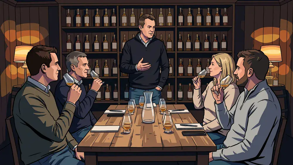 Whisky-Tasting in Düsseldorf - Erwachsene verkosten Whisky aus Nosing-Gläsern am Tisch