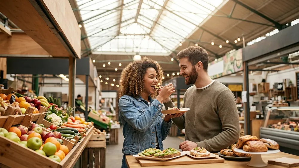 Carlsplatz Markt in Düsseldorf – Marktstände mit frischen Lebensmitteln