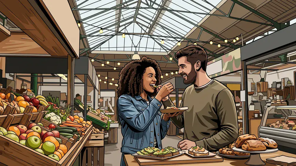 Carlsplatz Markt in Düsseldorf – Marktstände mit frischen Lebensmitteln