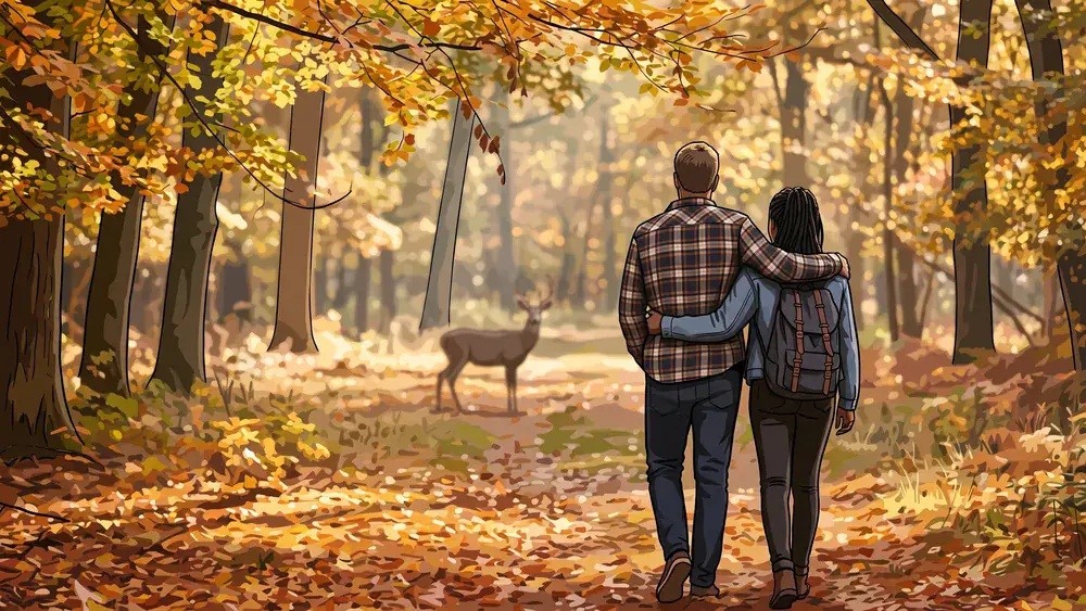 Grafenberger Wald in Düsseldorf – Zwei Personen spazieren auf einem herbstlichen Waldweg