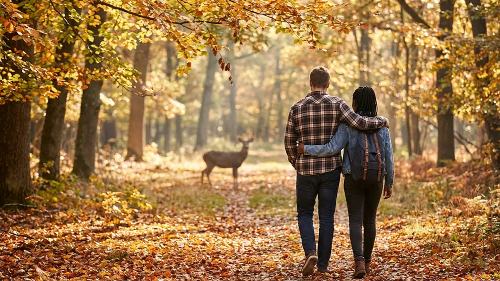 Grafenberger Wald in Düsseldorf – Zwei Personen spazieren auf einem herbstlichen Waldweg