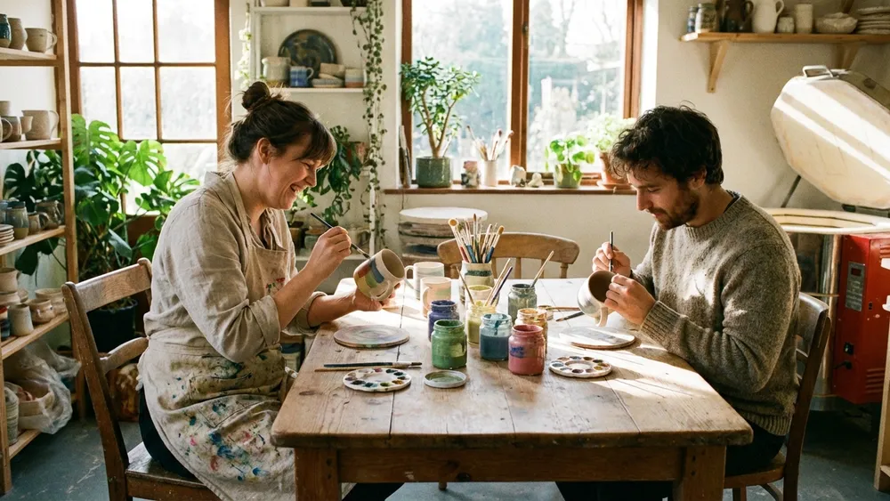 Keramik bemalen in Düsseldorf – zwei Personen bemalen Tassen im Atelier