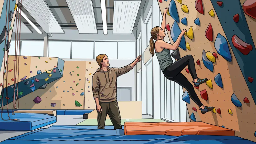 Monkey Spot Boulderhalle in Düsseldorf – zwei Personen klettern an bunten Griffen
