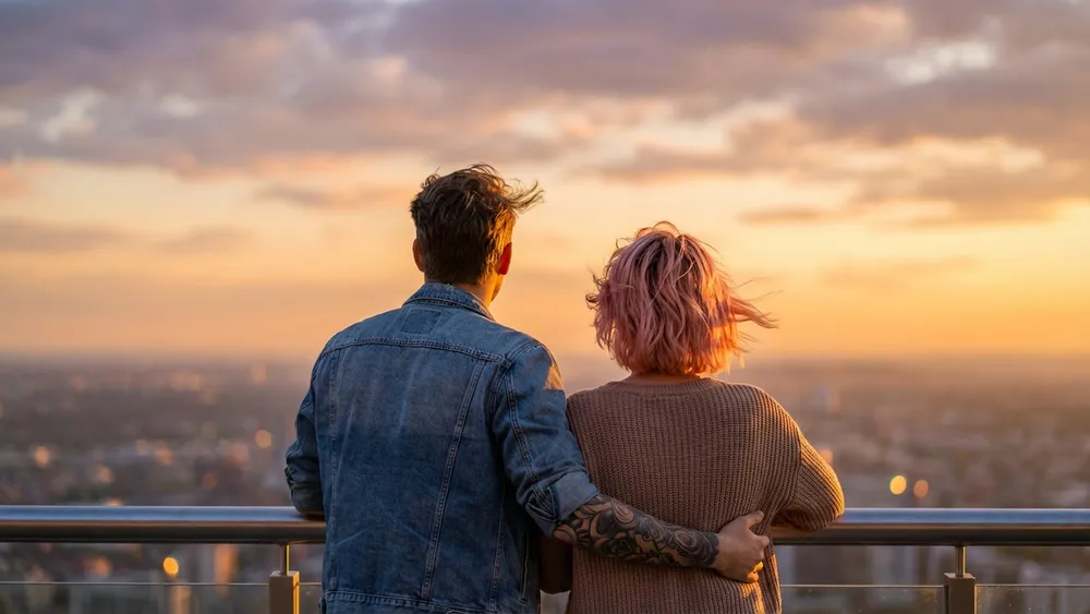 Rheinturm in Düsseldorf – Zwei Personen genießen den Sonnenuntergang von der Aussichtsplattform