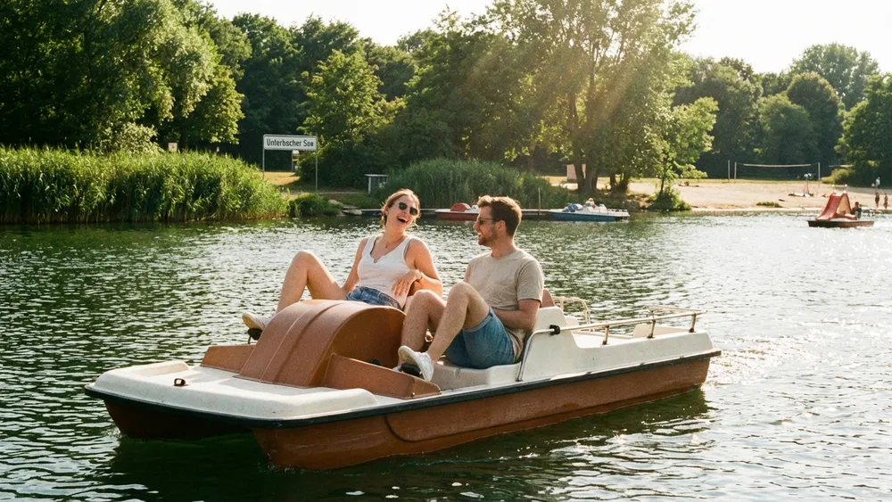 Tretbootfahren am Unterbacher See in Düsseldorf – Tretboot auf dem See bei Sonnenschein