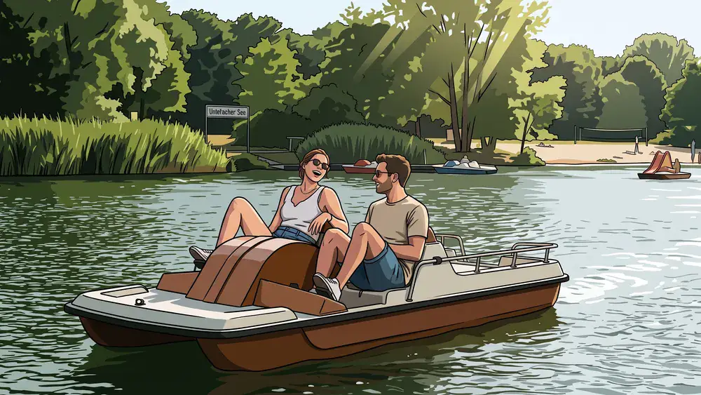 Tretbootfahren am Unterbacher See in Düsseldorf – Tretboot auf dem See bei Sonnenschein