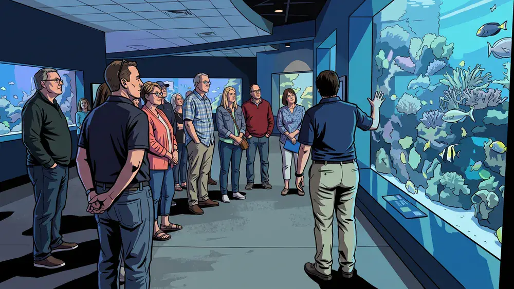 Aquazoo Düsseldorf – Kollegen stehen mit Führer:in vor leuchtenden Aquarien im Löbbecke Museum