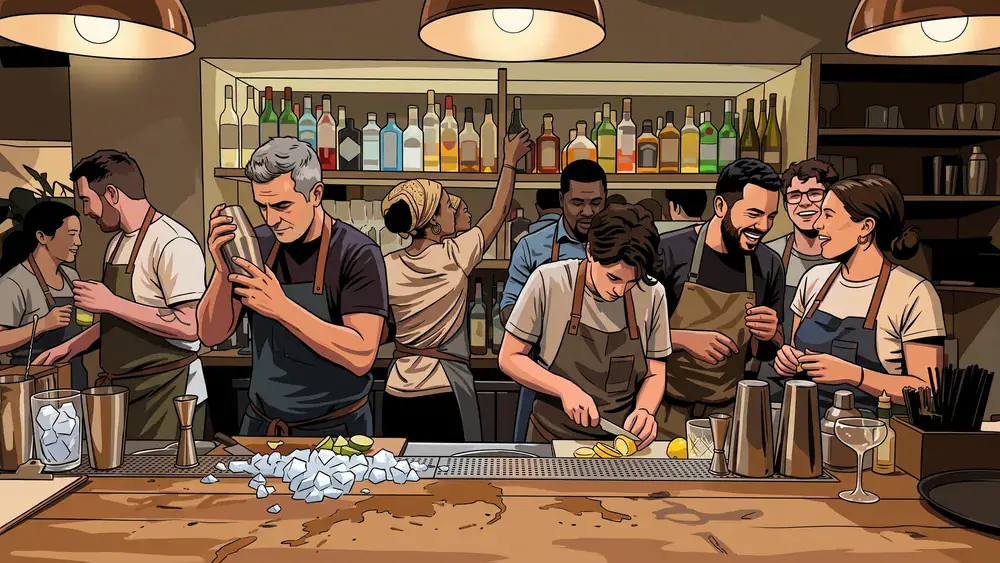 Cocktailkurs in Düsseldorf – Kollegen mixen Cocktails an einer Bar unter Anleitung