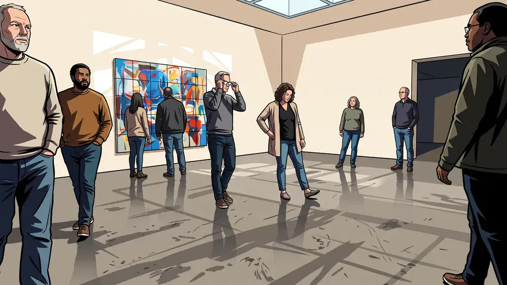 Kunstpalast in Düsseldorf – Kollegen betrachten Kunst in der hellen Ausstellungshalle