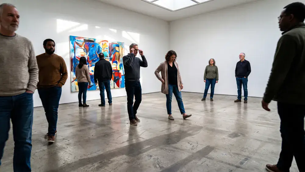 Kunstpalast in Düsseldorf – Kollegen betrachten Kunst in der hellen Ausstellungshalle