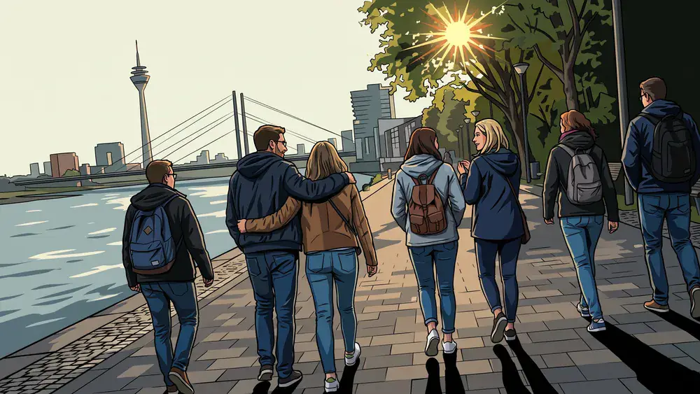 Rheinuferpromenade in Düsseldorf – Kollegen spazieren am Rhein mit Blick auf den Rheinturm