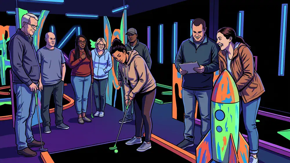 Schwarzlicht Minigolf in Düsseldorf – Kollegen spielen Minigolf in leuchtender Neonwelt