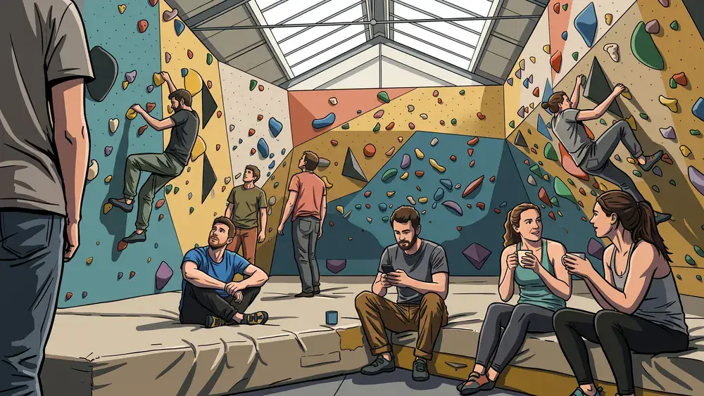 Monkey Spot Boulderhalle in Düsseldorf – Gruppe bouldert an bunten Griffen