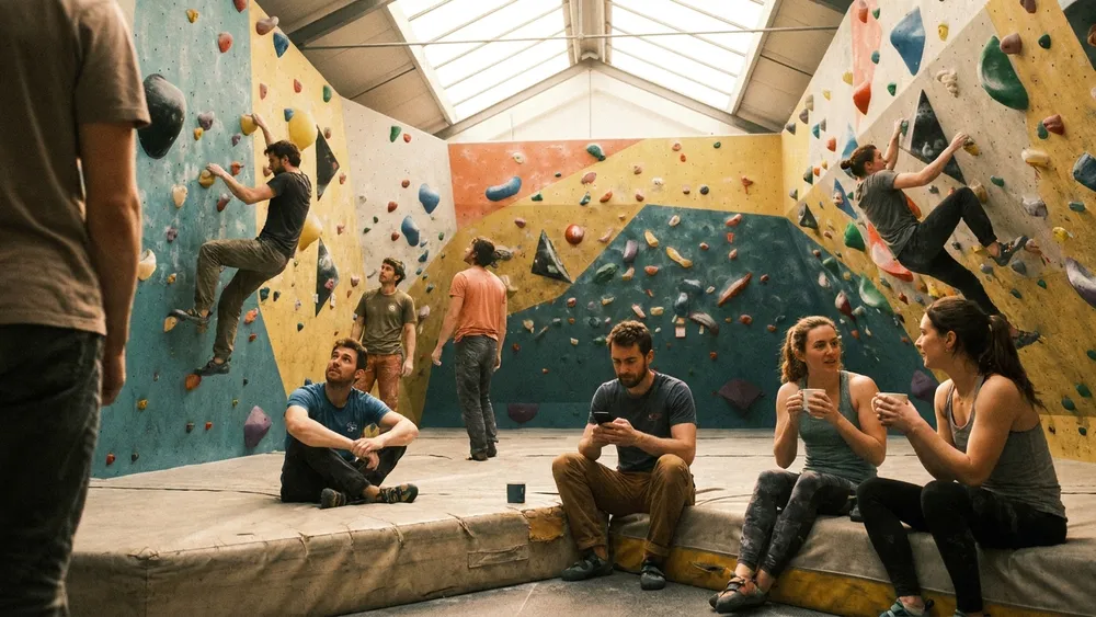 Monkey Spot Boulderhalle in Düsseldorf – Gruppe bouldert an bunten Griffen in Heerdt