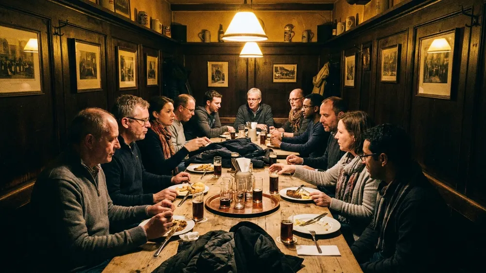 Brauhaus Uerige in Düsseldorf – Gruppe trinkt Altbier an langen Tischen in einem traditionellen Brauhaus in der Altstadt
