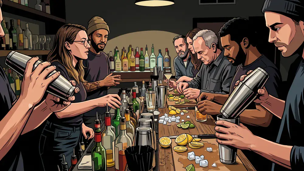 Cocktailkurs in Düsseldorf – Gruppe mixt Cocktails an einer Bar unter Anleitung