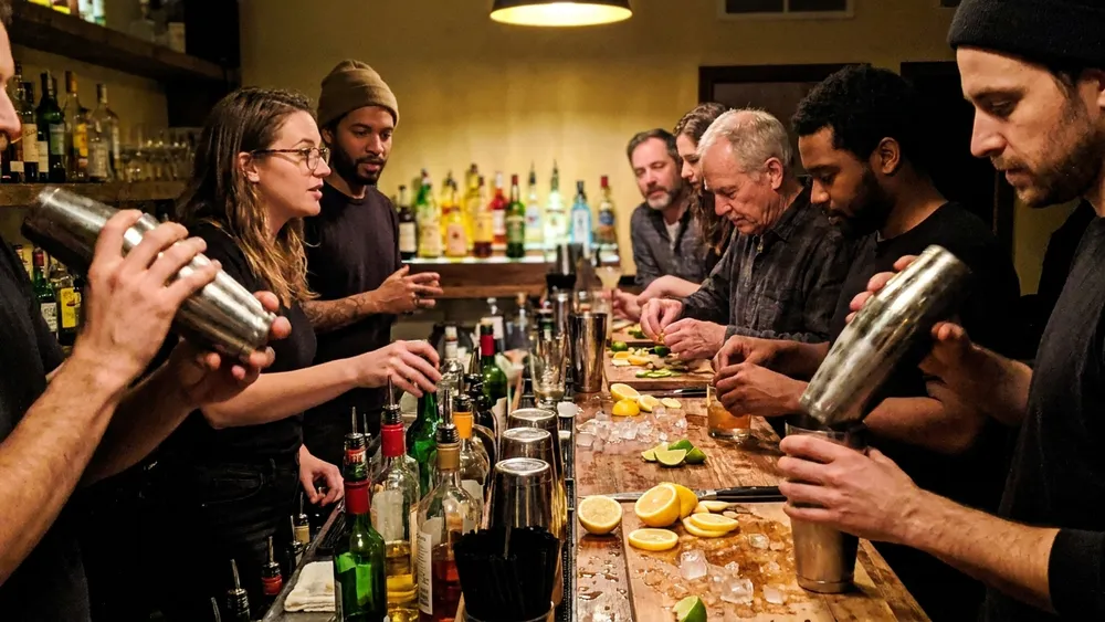 Cocktailkurs in Düsseldorf – Gruppe mixt Cocktails an einer Bar unter Anleitung