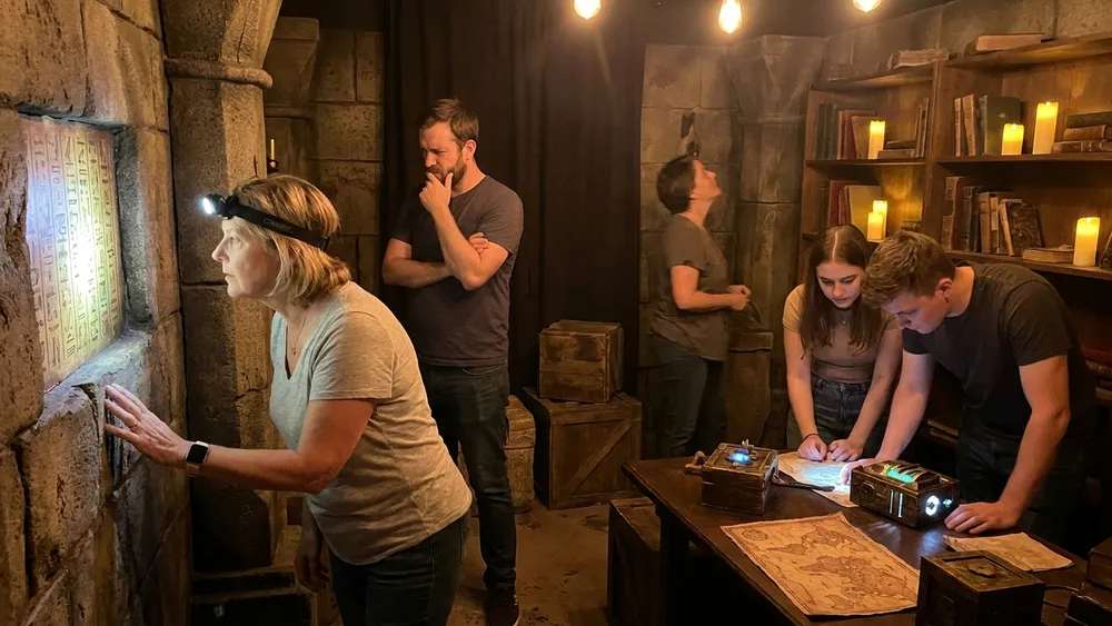 Escape Room in Düsseldorf – Gruppe aus 5 Personen löst gemeinsam Rätsel in einem thematisch gestalteten Raum