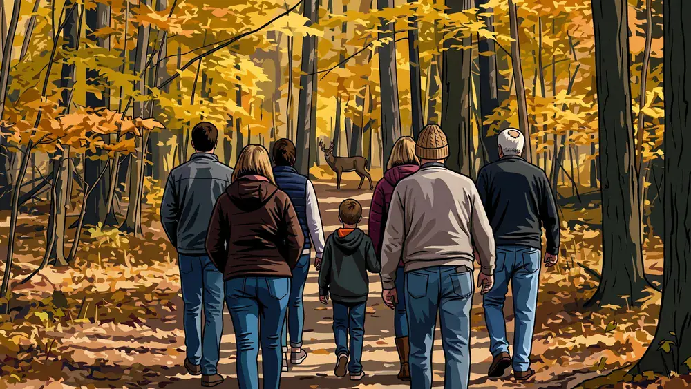 Grafenberger Wald in Düsseldorf – Gruppe spaziert auf einem herbstlichen Waldweg