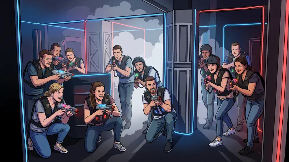 Lasertag in Düsseldorf – Gruppe mit Sensorwesten spielt in einer dunklen Neon-Arena