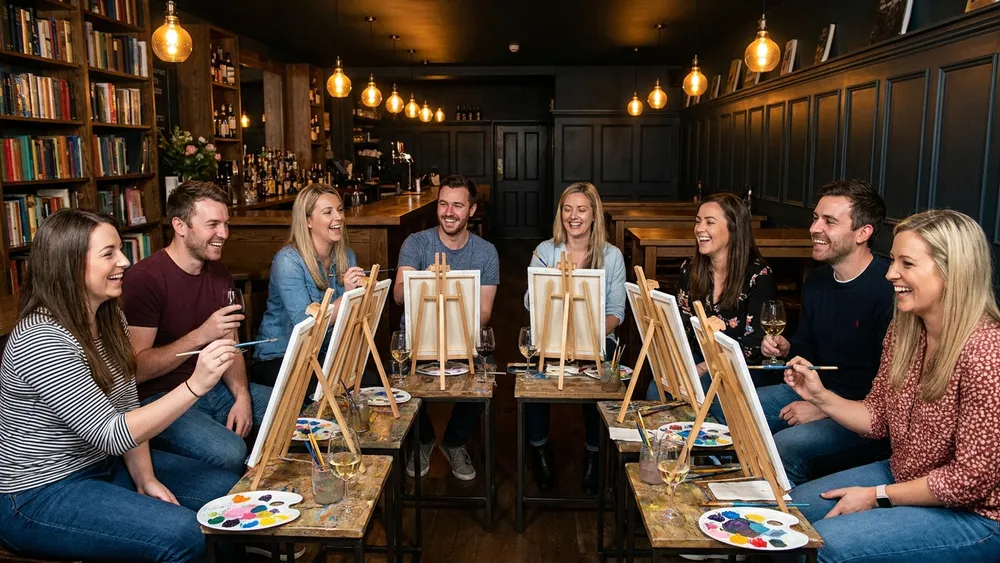 Painting Party in Düsseldorf – Gruppe malt an Staffeleien mit Wein in gemütlicher Atmosphäre