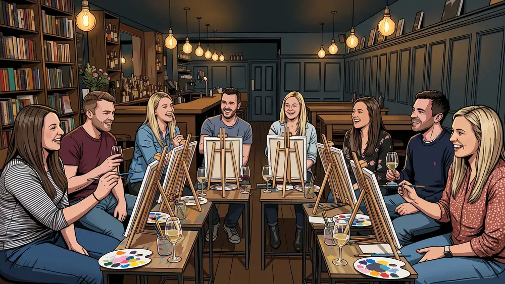 Painting Party in Düsseldorf – Gruppe malt an Staffeleien mit Wein in gemütlicher Atmosphäre