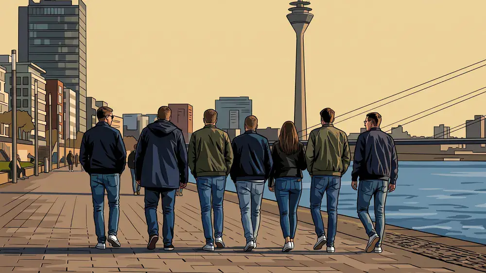 Rheinuferpromenade in Düsseldorf – Gruppe spaziert am Rhein mit Blick auf den Rheinturm