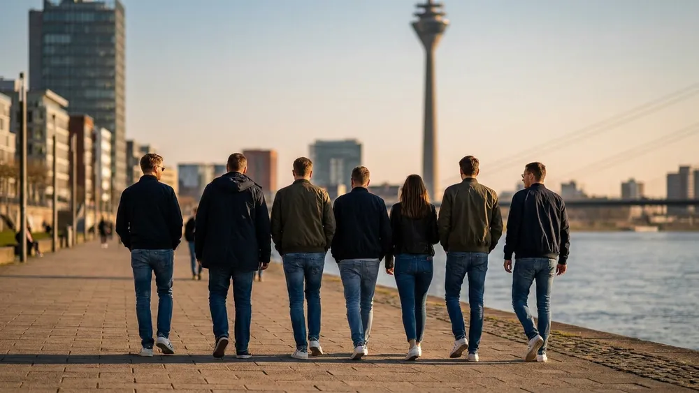 Rheinuferpromenade in Düsseldorf – Gruppe spaziert am Rhein mit Blick auf den Rheinturm