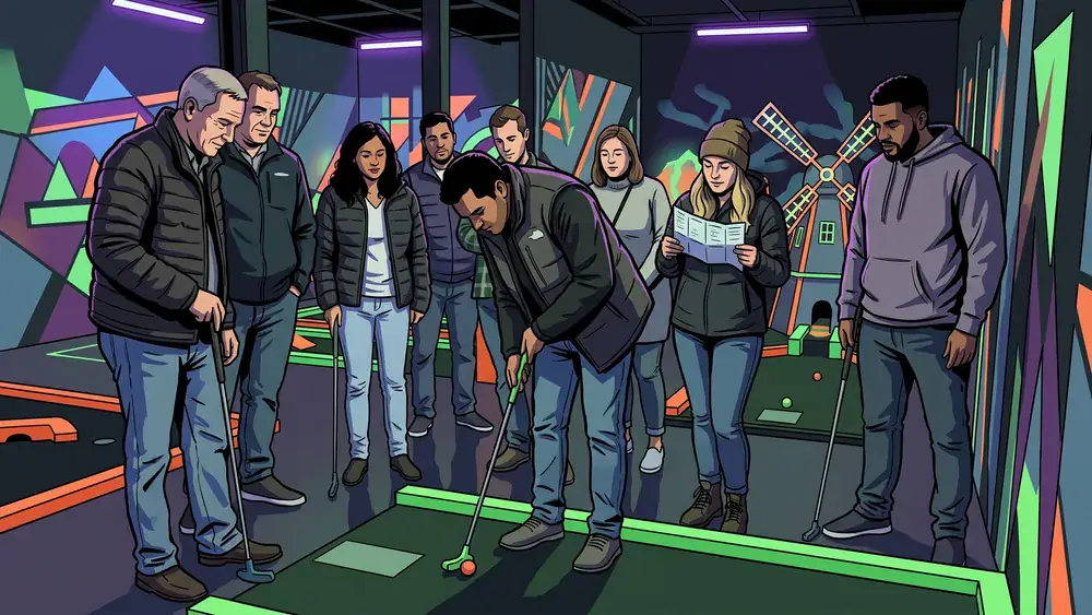 Schwarzlicht Minigolf in Düsseldorf – Gruppe spielt Minigolf in leuchtender Neonwelt