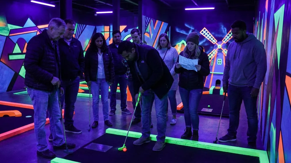 Schwarzlicht Minigolf in Düsseldorf – Gruppe spielt Minigolf in leuchtender Neonwelt