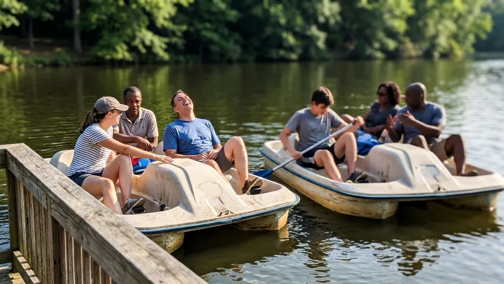 Tretbootfahren am Unterbacher See in Düsseldorf – Gruppe fährt auf mehreren Tretbooten über den See
