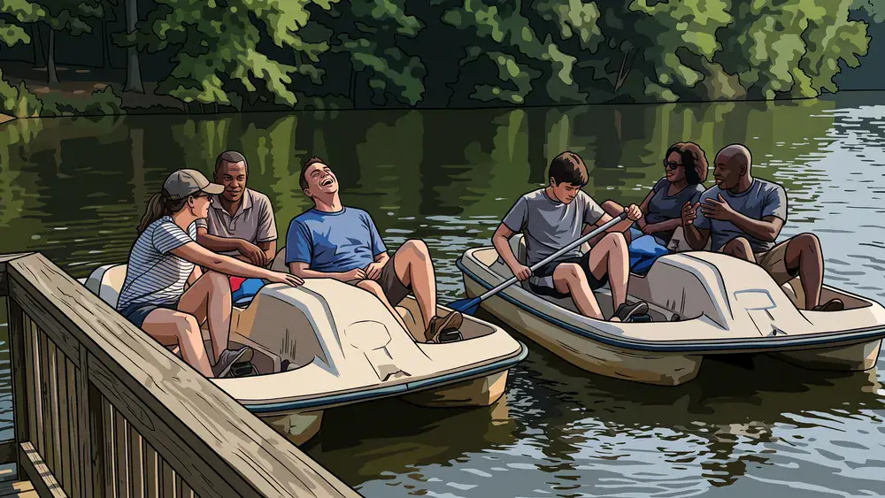 Tretbootfahren am Unterbacher See in Düsseldorf – Gruppe fährt auf mehreren Tretbooten über den See