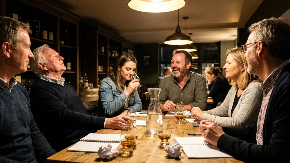 Whisky-Tasting in Düsseldorf – Gruppe verkostet Whisky aus Nosing-Gläsern am Tisch