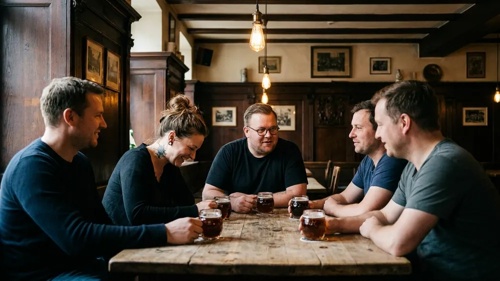 Brauhaus Ürige in Düsseldorf - Erwachsene trinken Altbier in einem traditionellen Brauhaus