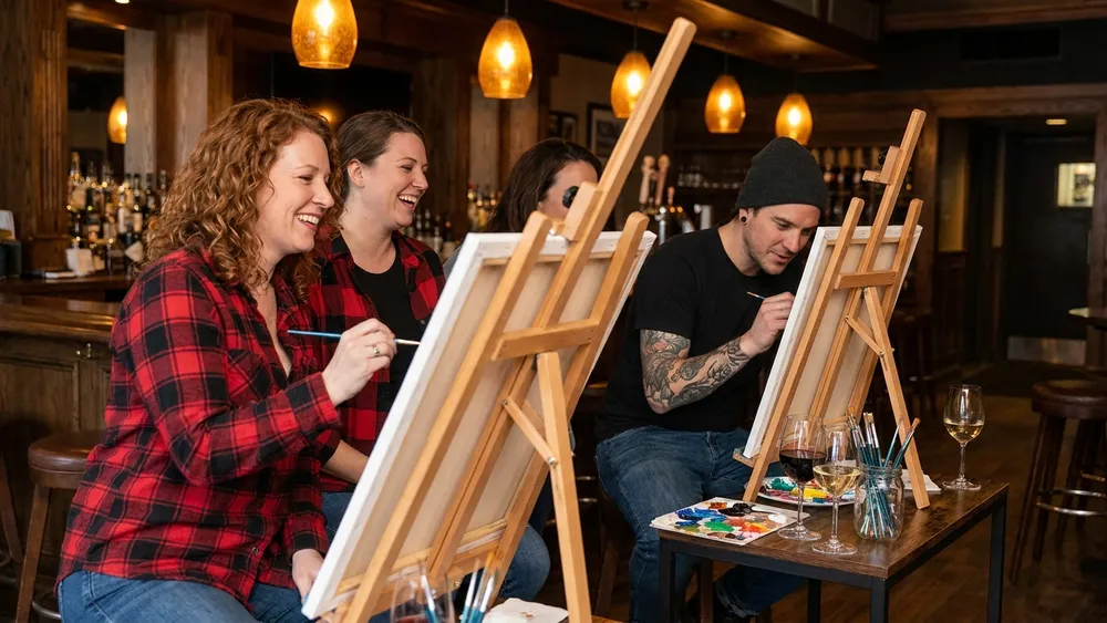 Painting Party in Düsseldorf - Erwachsene malen an Staffeleien mit Wein in gemütlicher Atmosphäre
