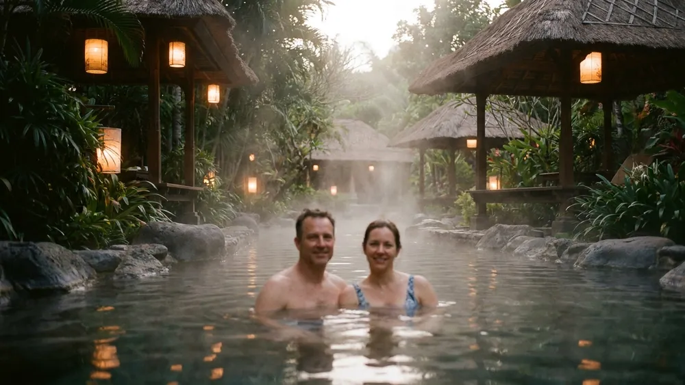 Vabali Spa in Düsseldorf - Erwachsene entspannen im warmen Becken einer balinesischen Saunalandschaft