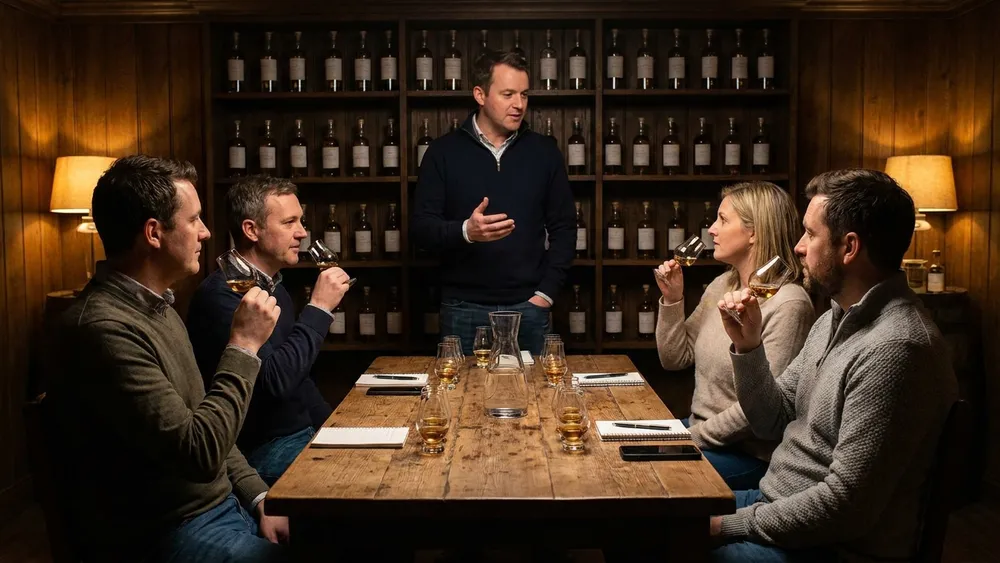 Whisky-Tasting in Düsseldorf - Erwachsene verkosten Whisky aus Nosing-Gläsern am Tisch